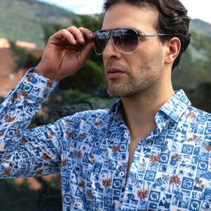 Camisa hombre manga larga algodón estampada sellos