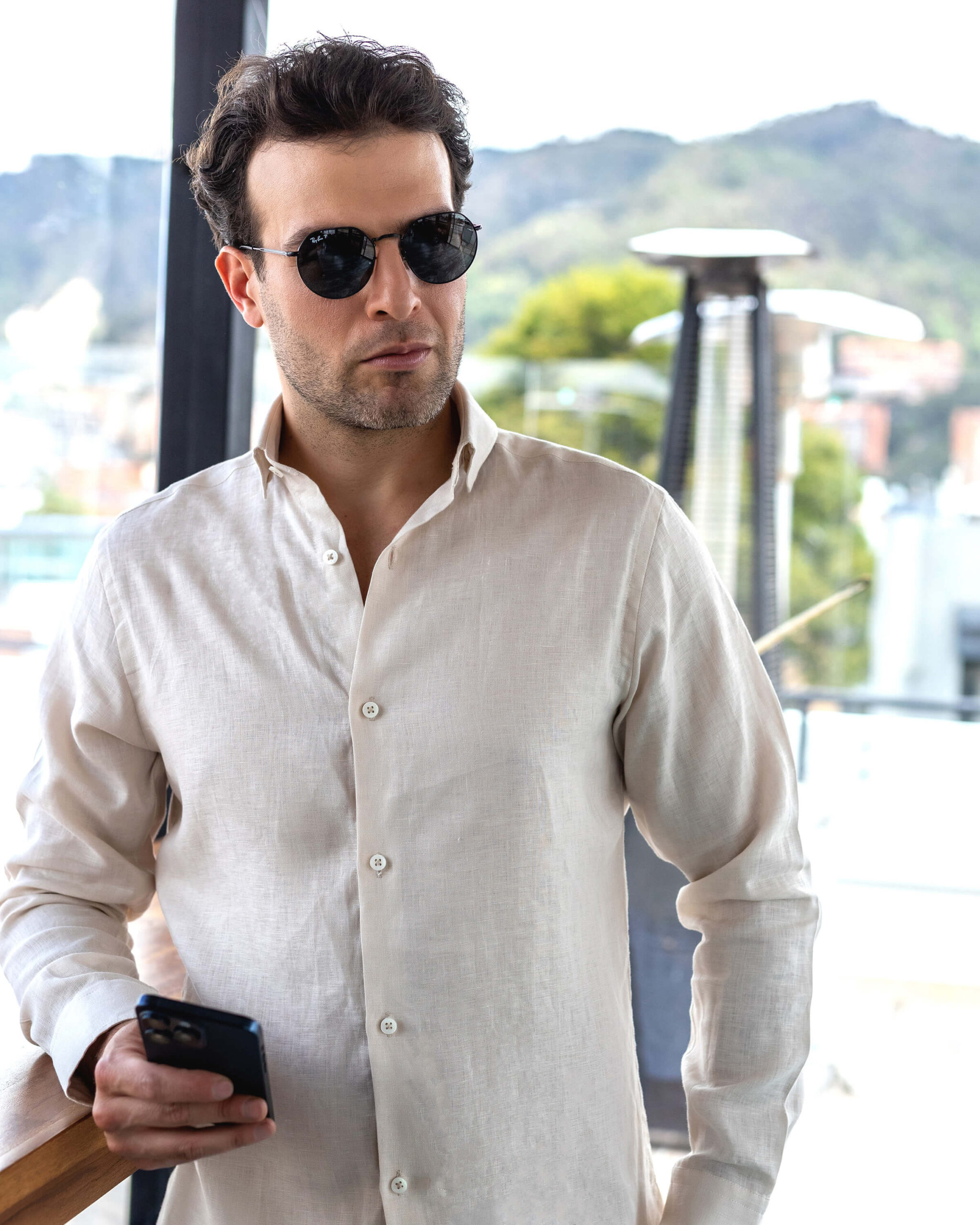 Camisa hombre manga larga lino beige - Weekend Brissa07 Paloma