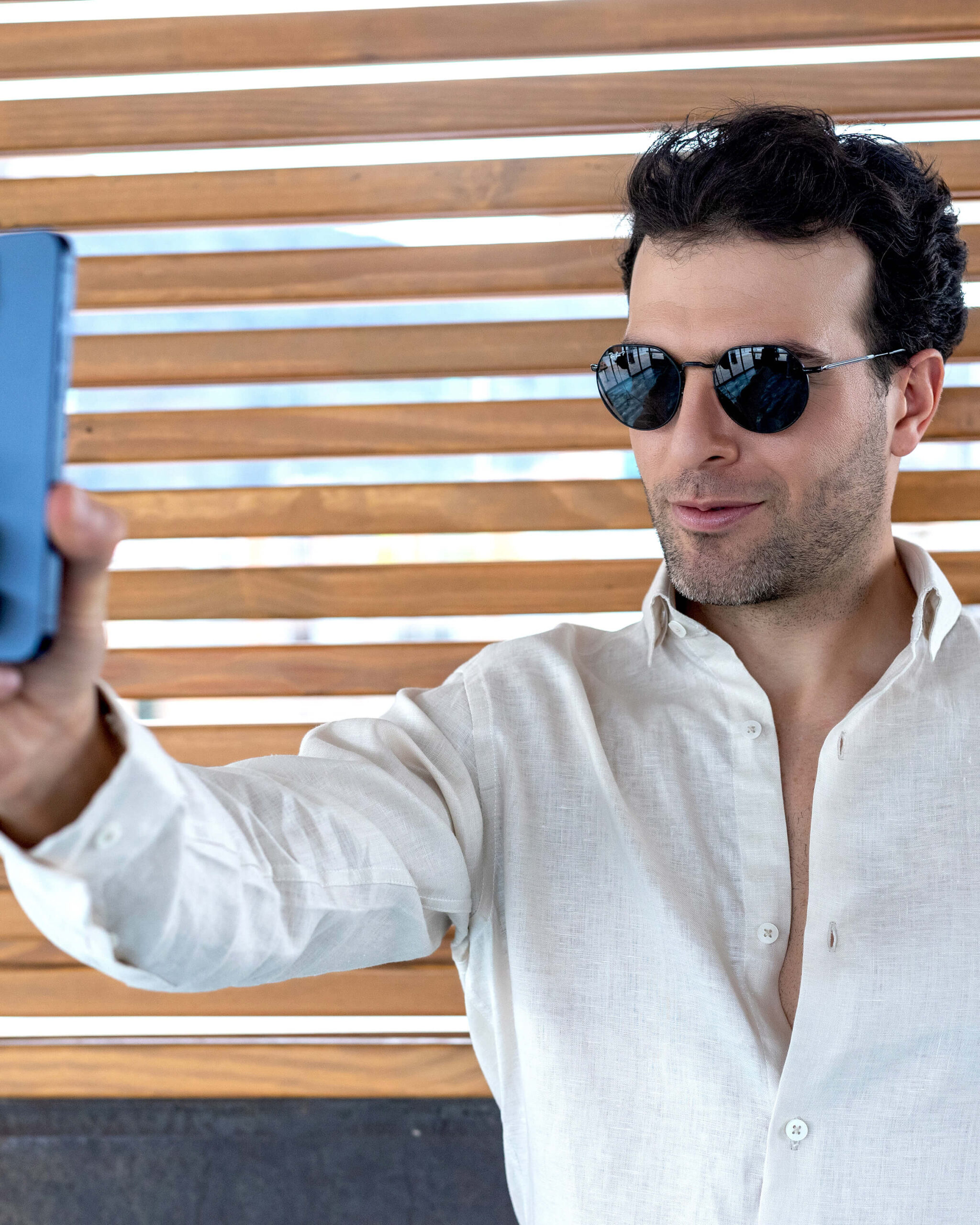 Camisa hombre manga larga lino beige - Weekend Brissa07 Paloma