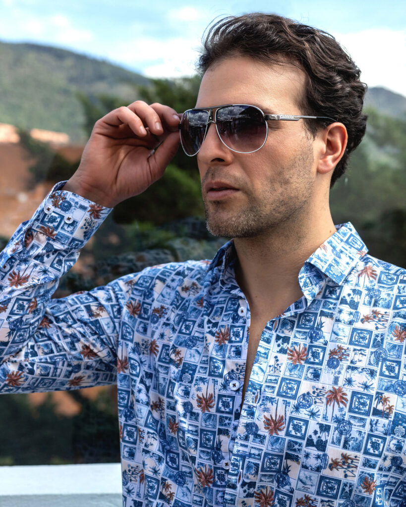 Camisa hombre manga larga algodón estampada sellos