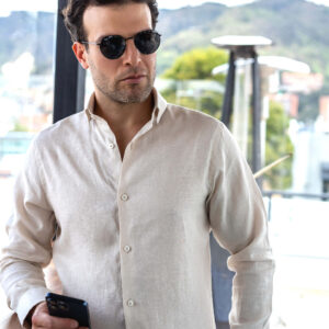 Camisa hombre manga larga lino beige - Weekend Brissa07 Paloma