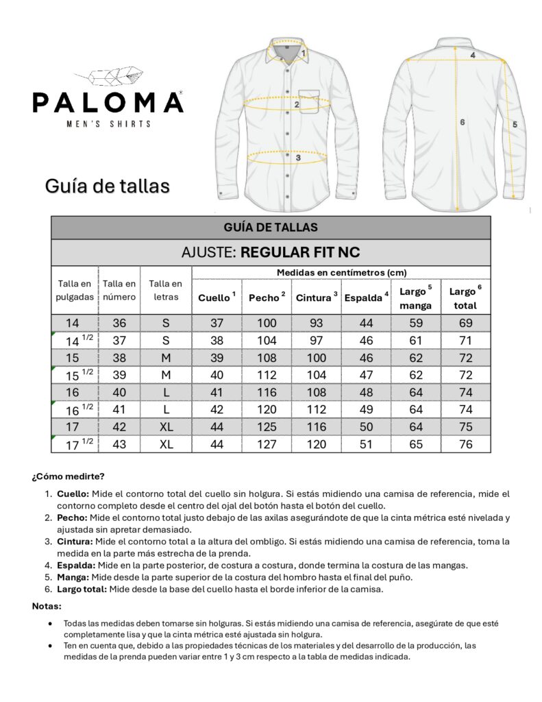 GUÍA DE TALLAS REGULA FIT NC