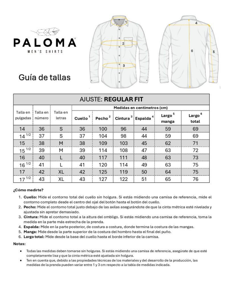 GUIA DE TALLAS CAMISAS REGULAR FIT 